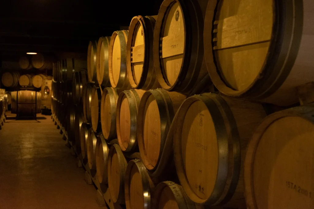 Barricas de roble dispuestas en una sala de crianza en Dominio de Atauta. Esta imagen se utiliza para ilustrar una entrada sobre la evolución del potencial de guarda del tinto fino soriano.